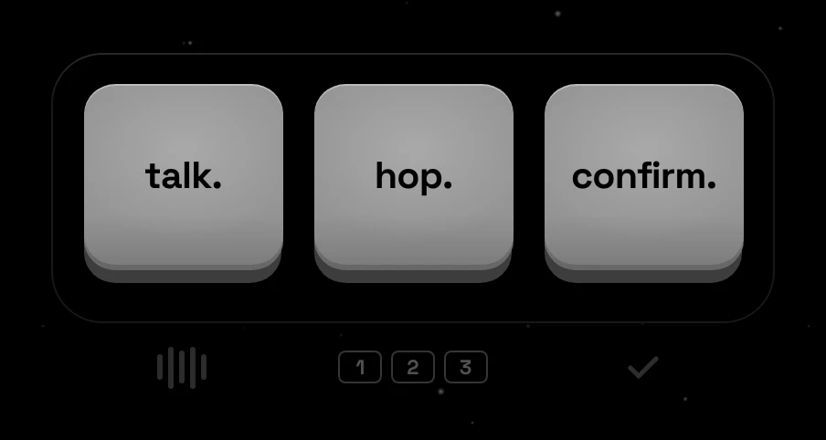 The 3-key Claude keypad pressing talk, hop and confirm in turn