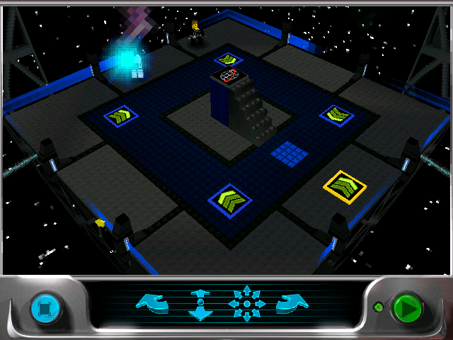 LEGO Alpha Team: the Training Area, a platform among the stars, the coach glowing in the teleporter and the command bar below