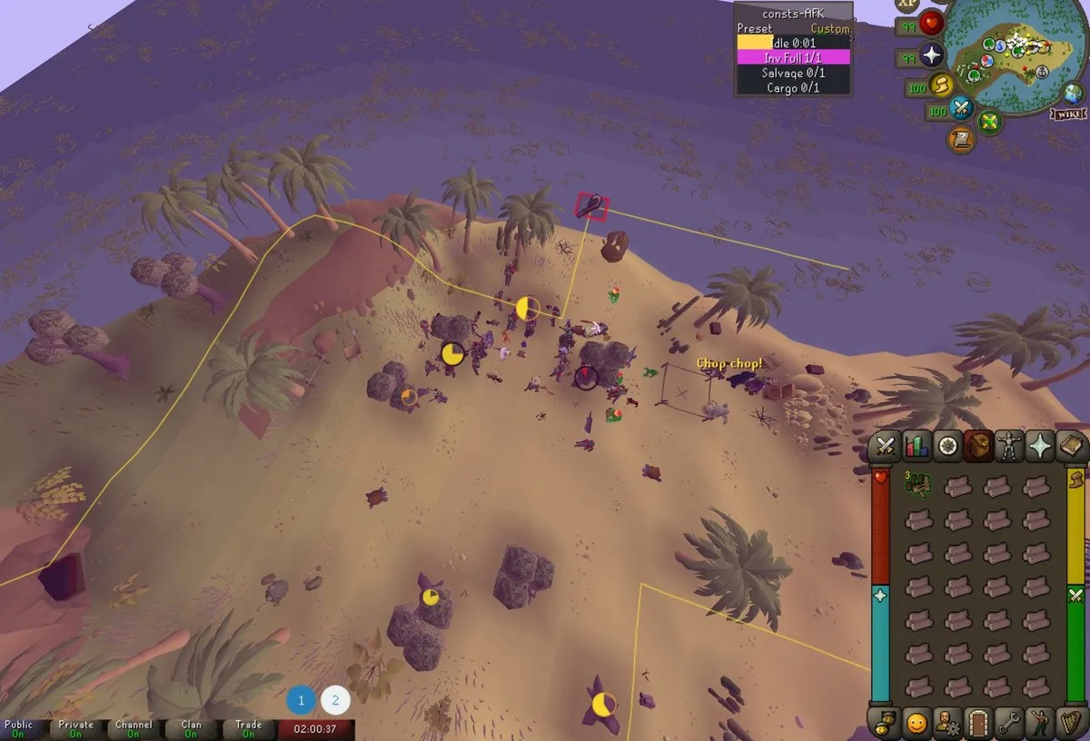 Woodcutting on an island with a full inventory of logs: the whole game screen is tinted magenta and the Inv Full bar in the consts-AFK panel is lit