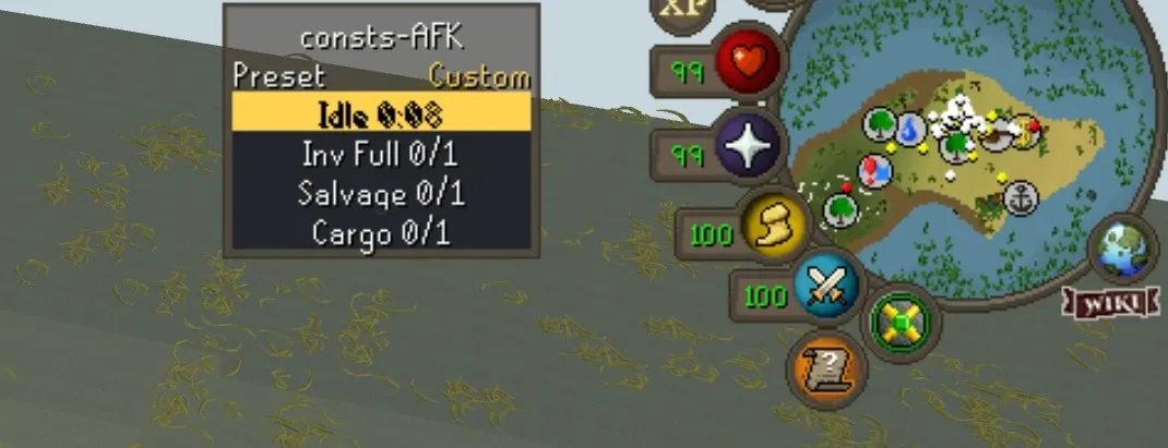 The consts-AFK panel with the Idle bar lit yellow and the game screen tinted yellow