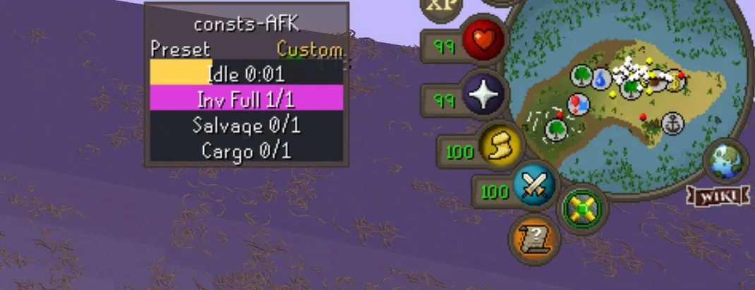 The consts-AFK panel with the Inv Full bar lit magenta and the game screen tinted magenta