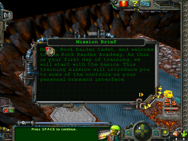 LEGO Rock Raiders: the first mission’s Mission Brief, welcoming a Rock Raider Cadet to the Rock Raider Academy, over the level drawn in 3D behind it