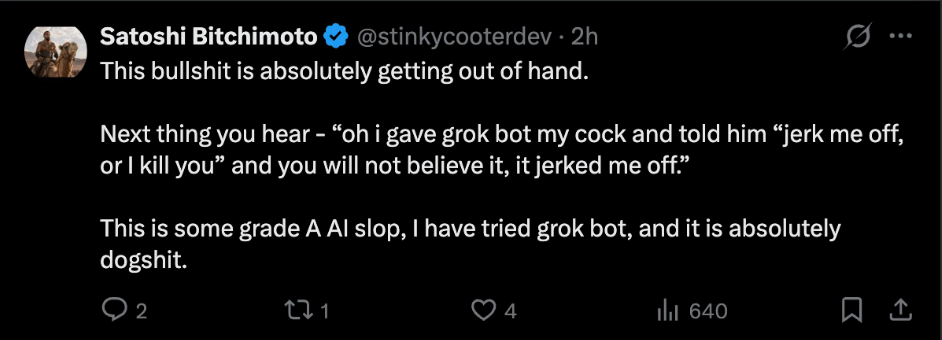 Reply tweet from @stinkycooterdev calling the trend "grade A AI slop" and saying they tried grok bot and it was useless.