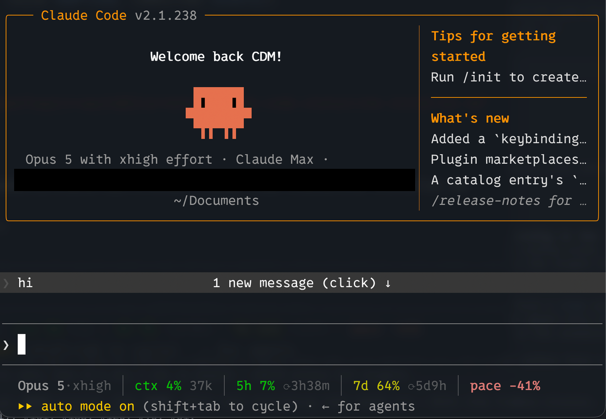 The Claude Code statusline: Opus 5 xhigh, ctx 4% 37k, 5h 7%, 7d 64%, pace -41%